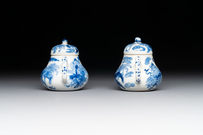 A pair of Chinese blue and white 'Buddhist lion' teapots and covers, Nan Ting Chang Ji 南亭昌記 mark, 19th C.