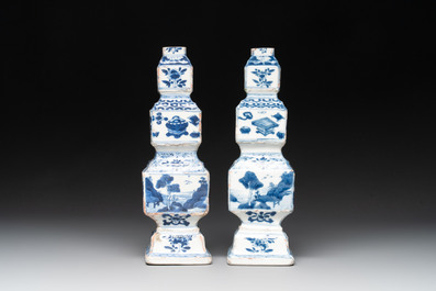 A pair of Chinese blue and white triple-gourd square vases, Kangxi
