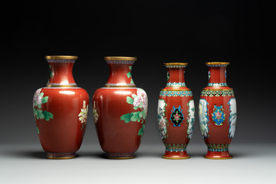 Four pairs of Chinese cloisonn&eacute; vases, 20th C.