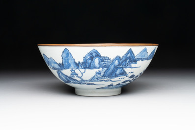 A Chinese 'Bleu de Hue' bowl with the Hai Van mountains for the Vietnamese market, Thanh Ngoan mark for Nguyen Phuc Chu, Kangxi