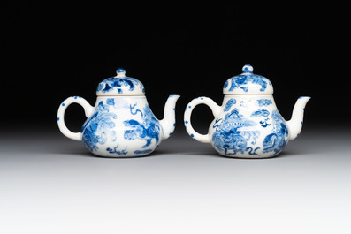 A pair of Chinese blue and white 'Buddhist lion' teapots and covers, Nan Ting Chang Ji 南亭昌記 mark, 19th C.
