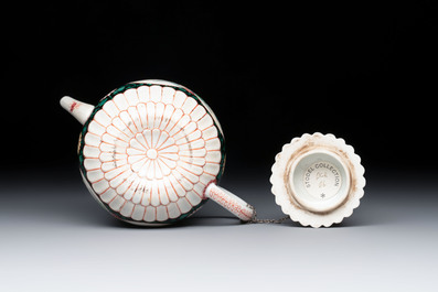 A Chinese famille rose black-ground teapot and stand with floral design, Yongzheng/Qianlong