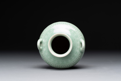 A Chinese archaistic celadon-glazed 'chilong' vase, Qianlong mark, 20th C.
