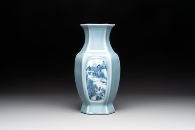 A Chinese blue and white claire-de-lune-ground 'landscape' vase, Yongzheng mark, 19th C.