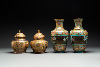 Four pairs of Chinese cloisonn&eacute; vases, 20th C.