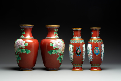 Four pairs of Chinese cloisonn&eacute; vases, 20th C.