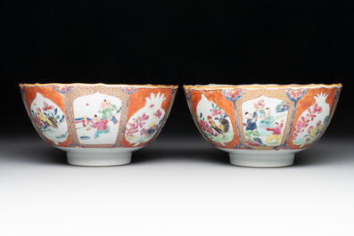 A pair of Chinese famille rose bowls with figures and roosters, Yongzheng/Qianlong