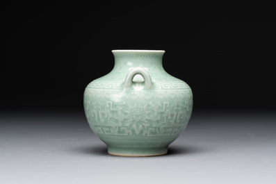 A Chinese archaistic celadon-glazed 'chilong' vase, Qianlong mark, 20th C.