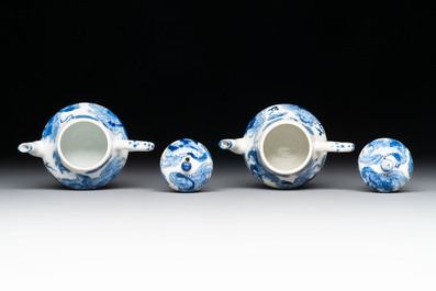 A pair of Chinese blue and white 'Buddhist lion' teapots and covers, Nan Ting Chang Ji 南亭昌記 mark, 19th C.