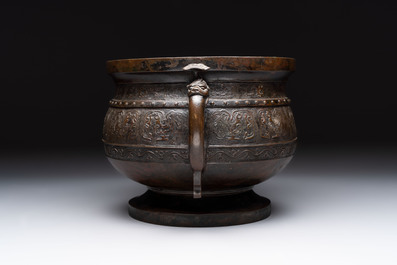 A Chinese archaistic bronze censer with 'chilong' and 'lingzhi' handles on wooden stand, Zhou Wang Bo Zuo Bao Ding 周王伯作寶鼎 mark, Yuan/Ming