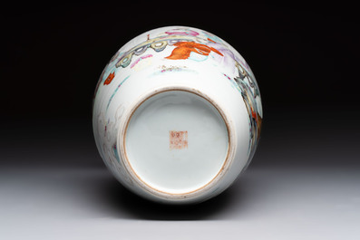 A Chinese famille rose vase with narrative design and a famille verte vase, Qianlong mark, 19th C.