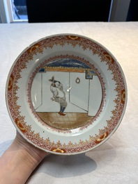 A rare pair of Chinese polychrome 'Commedia dell&rsquo;arte' 'South Sea Bubble' plates, Yongzheng, ca. 1725