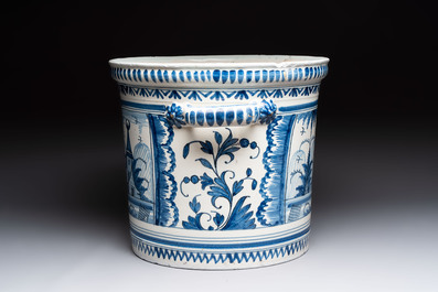 A large blue and white jardini&egrave;re with landscape design, Nevers, 18th C.