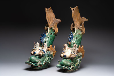 A pair of large Chinese polychrome-glazed fish-form roof tiles, 19th C.
