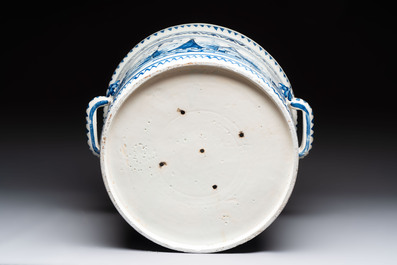A large blue and white jardini&egrave;re with landscape design, Nevers, 18th C.