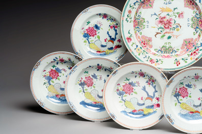 Eight Chinese famille rose plates with floral design and a dish, Yongzheng/Qianlong