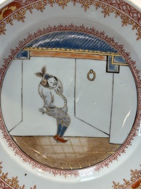 A rare pair of Chinese polychrome 'Commedia dell&rsquo;arte' 'South Sea Bubble' plates, Yongzheng, ca. 1725