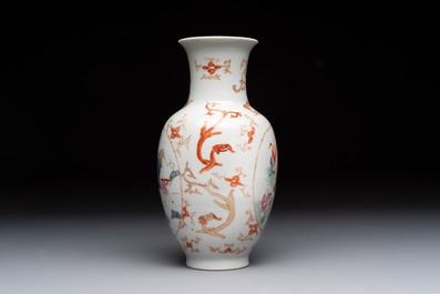 A Chinese famille rose vase and a small qianjiang cai vase, Qianlong mark, 19th C.