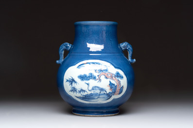 A Chinese blue, white and copper-red powder-blue-ground 'hu' vase, Qianlong