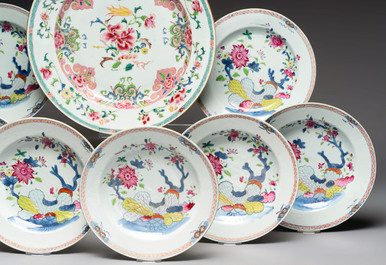 Eight Chinese famille rose plates with floral design and a dish, Yongzheng/Qianlong