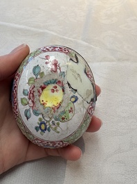 A Chinese Canton enamel 'Long Mu and a dragon' oval cosmetic box, 18th C.