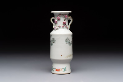 A Chinese famille rose vase and a small qianjiang cai vase, Qianlong mark, 19th C.