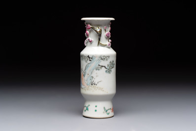 A Chinese famille rose vase and a small qianjiang cai vase, Qianlong mark, 19th C.