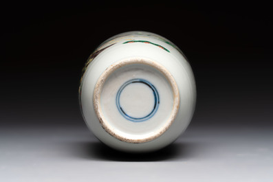 A Chinese famille rose vase with narrative design and a famille verte vase, Qianlong mark, 19th C.