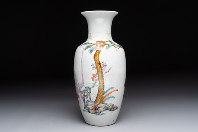 A Chinese famille rose vase with narrative design and a famille verte vase, Qianlong mark, 19th C.