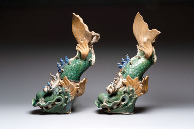 A pair of large Chinese polychrome-glazed fish-form roof tiles, 19th C.