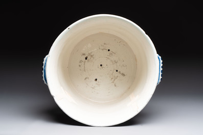 A large blue and white jardini&egrave;re with landscape design, Nevers, 18th C.