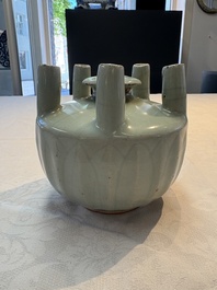 A Chinese Longquan celadon quintuple-tube vase, Yuan