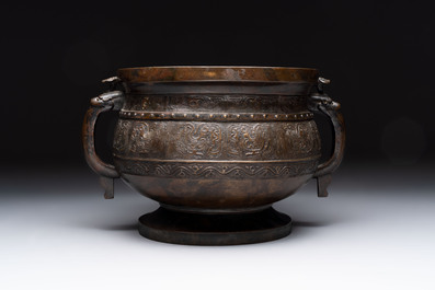 A Chinese archaistic bronze censer with 'chilong' and 'lingzhi' handles on wooden stand, Zhou Wang Bo Zuo Bao Ding 周王伯作寶鼎 mark, Yuan/Ming