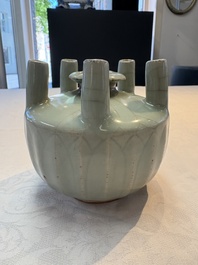 A Chinese Longquan celadon quintuple-tube vase, Yuan