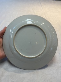 A rare pair of Chinese doucai 'Commedia dell&rsquo;arte' 'South Sea Bubble' plates, Kangxi, ca. 1720