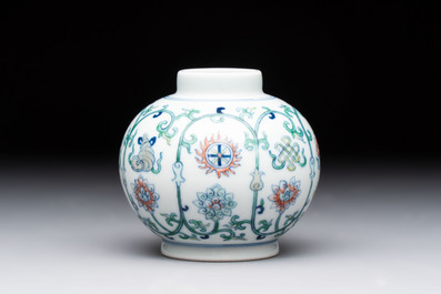 A Chinese doucai 'bajixiang' vase with a reticulated wooden cover, Yongzheng mark, 19/20th C.