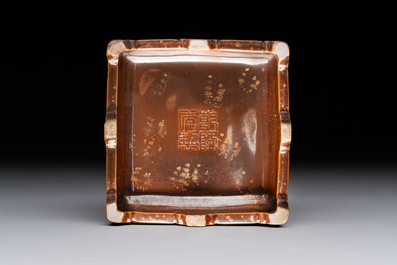 An unusual Chinese marble-glazed 'Qianlong Yu Bi 乾隆御筆' seal and stand, Qianlong mark, Republic