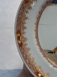 A rare pair of Chinese polychrome 'Commedia dell&rsquo;arte' 'South Sea Bubble' plates, Yongzheng, ca. 1725