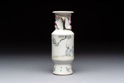 A Chinese famille rose vase and a small qianjiang cai vase, Qianlong mark, 19th C.