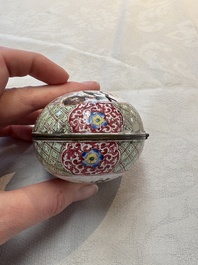 A Chinese Canton enamel 'Long Mu and a dragon' oval cosmetic box, 18th C.