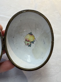 A Chinese Canton enamel 'Long Mu and dragon' oval cosmetic box, 18th C.
