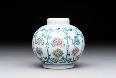 A Chinese doucai 'bajixiang' vase with a reticulated wooden cover, Yongzheng mark, 19/20th C.