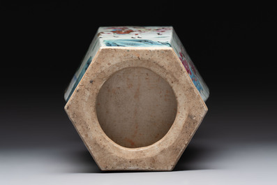 A Chinese Canton famille rose hexagonal vase with narrative design, 19th C.