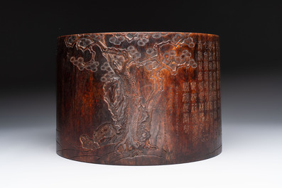 A large Chinese inscribed zitan brush pot, 18/19th C.