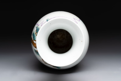 A Chinese famille rose vase with narrative design and a famille verte vase, Qianlong mark, 19th C.