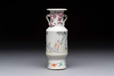 A Chinese famille rose vase and a small qianjiang cai vase, Qianlong mark, 19th C.
