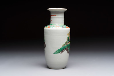 A Chinese famille rose vase with narrative design and a famille verte vase, Qianlong mark, 19th C.