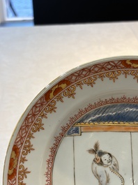 A rare pair of Chinese polychrome 'Commedia dell&rsquo;arte' 'South Sea Bubble' plates, Yongzheng, ca. 1725