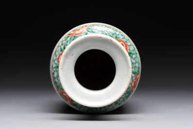 A Chinese famille rose vase with narrative design and a famille verte vase, Qianlong mark, 19th C.