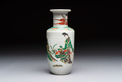 A Chinese famille rose vase with narrative design and a famille verte vase, Qianlong mark, 19th C.